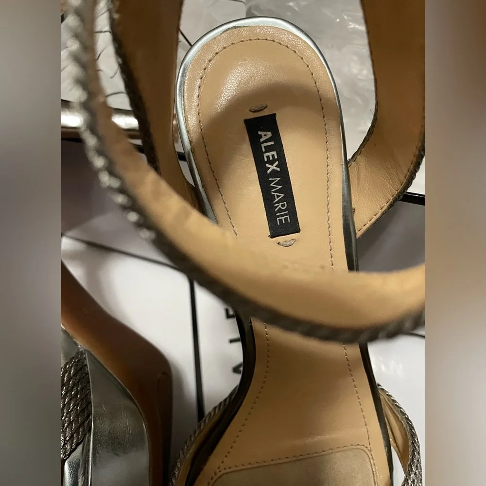 ✨ Stunning Alex Marie Silver Strappy Heels| Metallic Open Toe Sandals| Size: 8